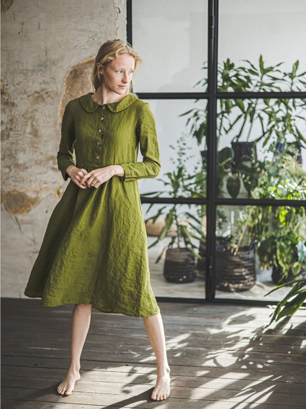 Old Linen Mill Boho Elegant Collared Linen Dress Size Medium